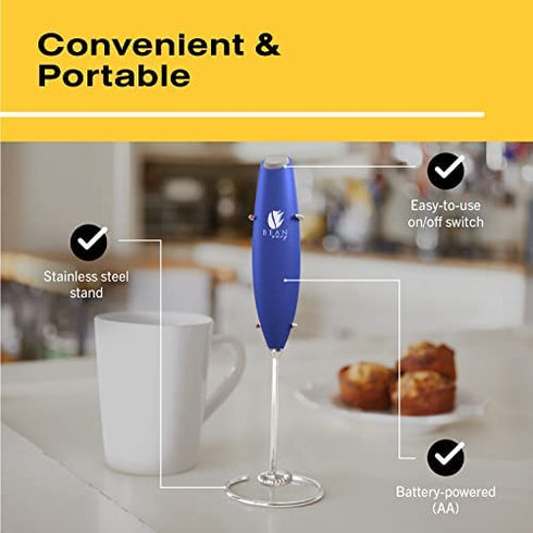 Bean Envy Handheld Milk Frother for Coffee - Electric Hand Blender, Mini Drink Mixer Whisk & Coffee Foamer Wand w/ Stand for Lattes, Matcha and Hot Chocolate - Kitchen Gifts - Blue