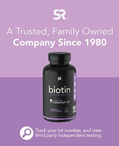 Sports Research Extra Strength Vegan Biotin (Vitamin B) Supplement with Organic Coconut Oil - Supports Keratin for Healthier Hair & Skin - Great for Women & Men - 5,000mcg, 30 Veggie Softgel Capsules