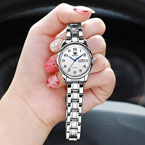 OLEVS Women Watches Gold Silver Stainless Steel Waterproof Analog Large Easy Reader Day Date Watches