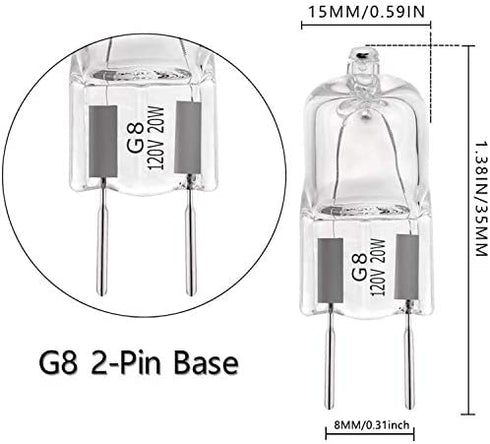 G8 Halogen Light Bulbs 20W 120V Xenon Under Cabinet Lighting Replacements G8 Base 2Pin T4 JCD Type (10PCS)