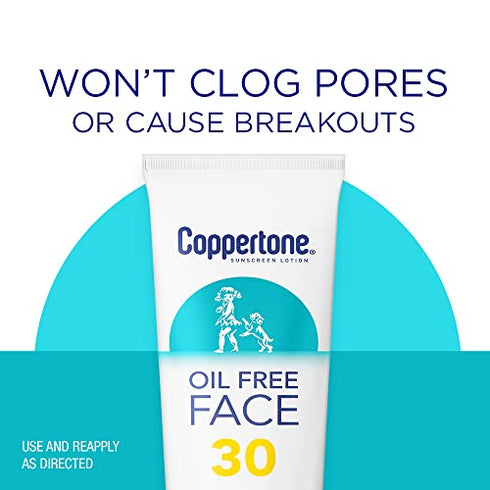 Coppertone Face Sunscreen SPF 30, Oil Free Sunscreen for Face, Water Resistant SPF 30 Sunscreen Face Lotion, Travel Size Sunscreen, 3 Fl Oz Tube