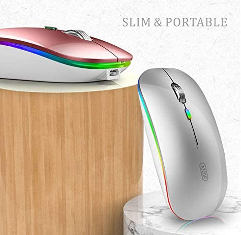 TENMOS Wireless Bluetooth Mouse, LED Slim Dual Mode (Bluetooth 5.1 + USB) 2.4GHz Rechargeable Silent Bluetooth Wireless Mouse with Type C Adapter for Laptop/MacBook/iPad OS 13 and Above (Silver)