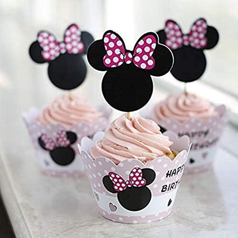 24 Serves Pink Mouse Mini Cupcake Toppers and Wrappers Birthday Cake Decorations for Pink Mouse Pink Mini Mouse Themed Party Baby Shower Supplies and favors