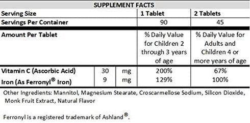 Kids Chewable Iron Supplement (Ferronyl®/Carbonyl Iron 9 mg with Vitamin C 30 mg) Tablet in Tangerine Tango Orange Flavor 90 Count (1 Bottle)