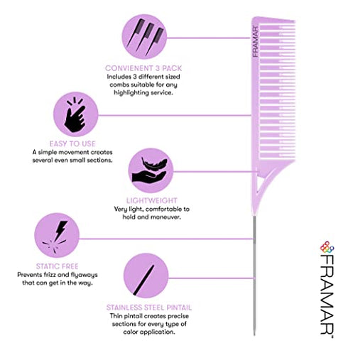 Framar Dreamweaver Highlight Comb Set – Combs for Hair Stylist, Highlighting Comb, Hair Dye Comb, Hair Highlighter Comb with Metal Pick, Balayage Comb (Pastel)