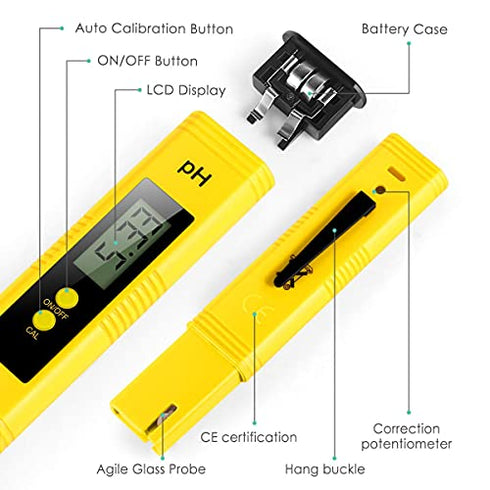 Alysontech Digital PH Meter, PH Meter 0.01 High-Precision Pocket Water Quality Tester, PH Range 0-14, Suitable for Accurate Testing of Drinking Water, Aquariums, Swimming Pools, Hydroponics (Yellow)