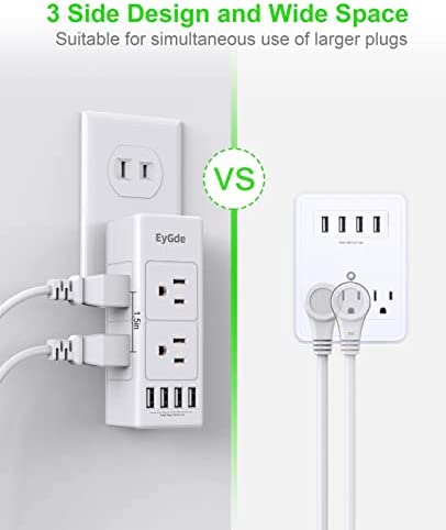 2 Prong Power Strip with Rotating Plug, EyGde Multi Plug Outlet Extender, Multiple Outlet Splitter(3 Sided 6 Sockets) and 4 USB Ports, Wall Adapter Surge Protector (1700J) for Travel, Office, White