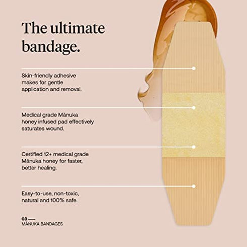 First Honey Manuka Honey Adhesive Bandages 12 Pack | Latex Free, Antibiotic Free Wound Dressing | Medical Grade Honey Adhesive Pads | First Aid Care Burns, Cuts, Scrapes, Wounds, Lacerations