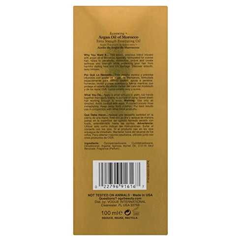 OGX Extra Strength Renewing + Argan Oil of Morocco Penetrating Hair Oil Treatment, Deep Moisturizing Serum for Dry, Damaged & Coarse Hair, Paraben-Free, Sulfated-Surfactants Free, 3.3 fl oz