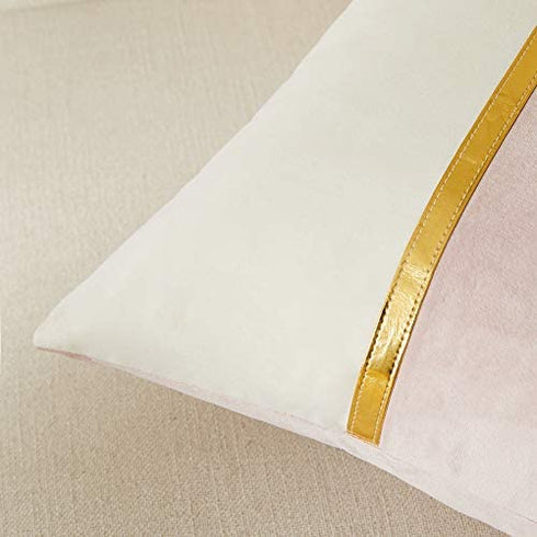 Fancy Homi 2 Packs Decorative Throw Pillow Covers 20x20 Inch for Living Room Couch Bedroom, Blush Pink and White Velvet Patchwork with Gold Leather, Luxury Modern Home Decor Cute Cushion Case 50x50 cm