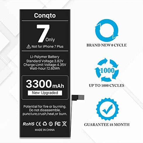 Conqto Upgraded Battery for iPhone 7, 3300mAh 2022 New Version Higher Capacity 0 Cycle Battery Replacement for iPhone 7 A1660, A1778, A1779 with Full Set Repair Tool Kits, Adhesive & Instructions
