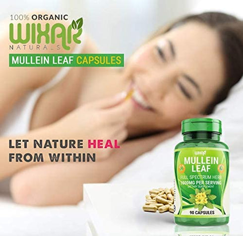 WIXAR NATURALS Mullein Leaf Capsules - 90 Capsules - Herbal Supplement Supports Healthy Respiratory Function & Mucous Membranes - 1000 mg - Natural Mullein for Lung Cleanse Support