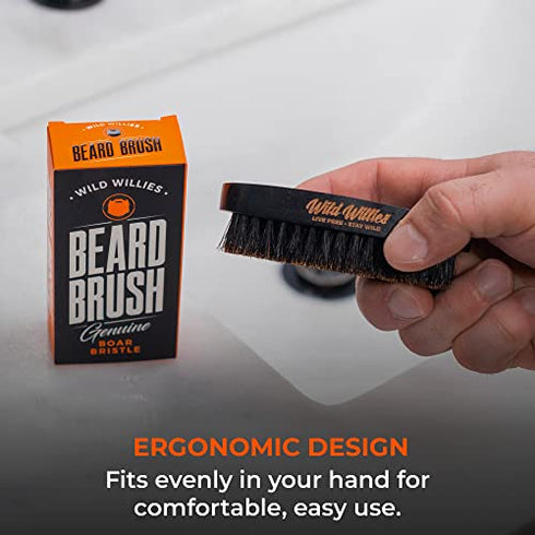 Natural Boar Bristles Beard Brush by Wild Willies - Small Travel Size with Ergonomically Designed Wood Handle - Professional Beard and Mustache Grooming Softens and Untangles Your Beard