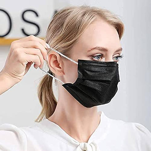 50 Pcs Black Disposable Face Masks w. High Filtration Ventilation Security Protection for Hygiene,3 Layers (2-Ply Non-Woven and 1-Ply Melt-Blown Fabric),Anti Dust Waterproof for Dental,Nail/Hair Salon