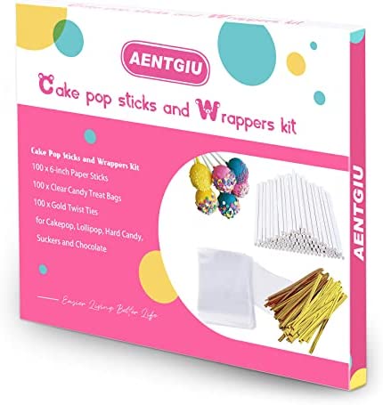 300 PCS Cake Pop Sticks and Wrappers Kit, Including 100ct 6-inch Paper Lollipop Sticks, 100ct Clear Candy Treat Bags Parcel, 100ct Gold Twist Ties for Cakepop, Lollipop, Hard Candy, Suckers, Chocolate