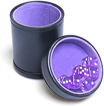 PU Leather Dice Cup Purple Velvet Lined Quiet Shaker with Lid Including 6 Purple Translucent Dice for Liars Dice Farkle Yahtzee Board Games