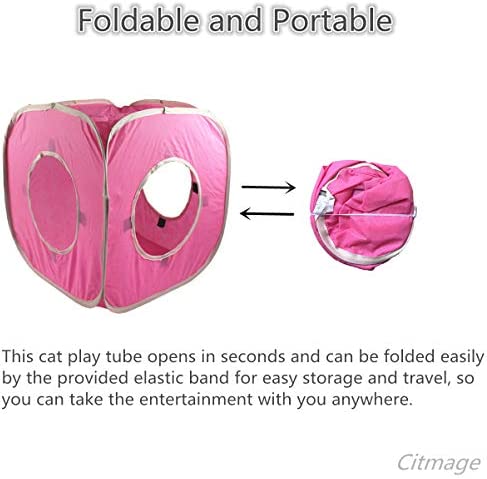 Citmage Cat Cube Pop Up Non-Woven Fabric Play Tent Toy with Hook and Loop,3 Peek Holes Collapsible,Lightweight,Provide Exercise Game for Cats,Kitties,Puppies (Pink)