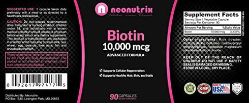 Biotin 10000mcg Supplement - Hair Skin and Nails Vitamins for Women and Men– Biotin for Hair Growth - Biotina para el Cabello 10000 - Non-GMO FDA Inspected Facilities 90 Capsules by Neonutrix