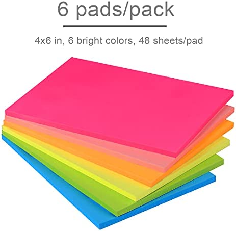 Sticky Notes 4x6 in Bright Stickies Colorful Super Sticking Power Memo Pads Strong Adhesive 6 Pads/Pack 48 Sheets/pad…