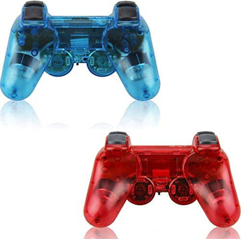 Burcica Wireless Controller for PS2 Play station 2 Dual Vibration - ClearBlue and ClearRed