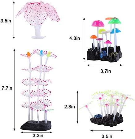 Filhome Glowing Fish Tank Decorations, 4 pcs Glow Aquarium Decoration Plants Kit Glowing Mushroom Coral Ornaments