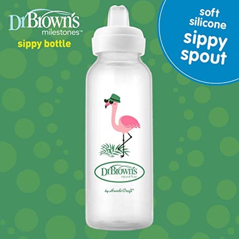 Dr. Brown’s® Milestones™ Narrow Sippy Bottle, 100% Silicone Soft Sippy Spout, 8oz/250mL, Flamingo & Bunny, 6m+