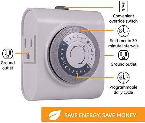 GE 24-Hour Heavy Duty Indoor Plug-in Mechanical 2 Pack, 2 Grounded Outlets, 30 Minute Intervals, Daily On/Off Cycle, for Lamps, Seasonal Lighting, Holiday Decorations, 46211 Timer, Gray/White, 2 Count