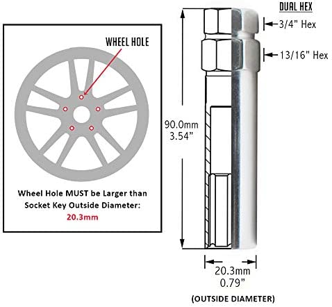 Wheel Accessories Parts Chrome 6 Point Spline Drive Tuner Socket Key Tool for 6 Spline Lug Nut 16.2mm Inner Diameter- Dual Hex Key with 19mm and 21mm (13/16)