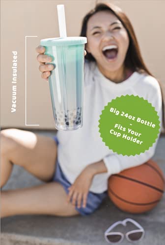 BUMBLER Original Boba Tea Tumbler - Black - SMOOTHFlow Wide Smoothie Straw & Plug - Upgraded Durability - Keeps Drinks Cold/Hot - 2x Vacuum Insulated Pearl Milk Bubble Tea Cup - 24 Oz Tumbler
