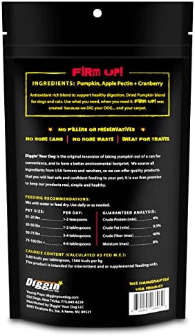 Diggin’ Your Dog Firm Up Pumpkin for Dogs & Cats with Cranberry, 100% Made in USA, Pumpkin Powder for Dogs, Digestive Support, Apple Pectin, Fiber, Healthy Stool, 4 oz