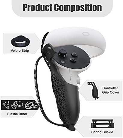 AMVR Controller Grips for Oculus Quest 2, Controller Protector Cover with Anti-Throw Adjustable Knuckle Straps (Black)