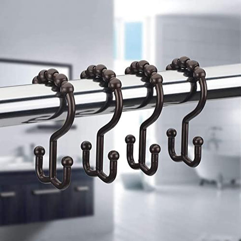 Amazer Shower Curtain Hooks Plastic Double Shower Curtain Rings for Bathroom Shower Curtain Rod - Set of 12, Brown