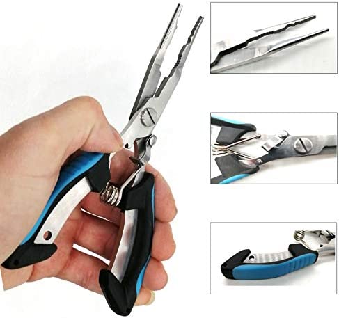 Amoygoog Stainless Steel Fishing Pliers, Fishing Needle Nose Pliers, Cut Fishing Line Fishing Multitool Pliers with Sheath and Telescopic Lanyard