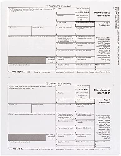 Complete 1099 misc Forms for 2022 and 1096 Tax Form and self Seal envelopes, All 1099 Government Approved 2022 kit for 10 vendors