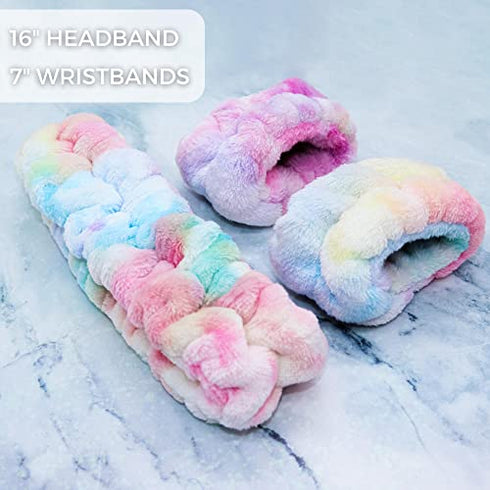 FROG SAC Spa Headband for Washing Face and Matching Wristbands, Teen Girls Fuzzy Skincare Headbands, Kids Soft Facial Makeup Head Band, Shower Skin Care Girl Hair Sleepover Party Supplies (Tie Dye)