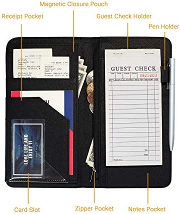 Server Book with Zipper and Magnetic Pocket Waitress Book Waiter Book Wallet Restaurant Waitstaff Organizer Fit Server Apron with Money Pocket 4.7" X 9" (Big Capacity with Magnetic Closure)