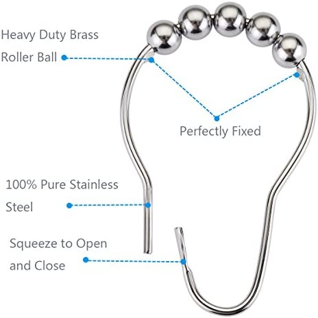 Amazer Shower Curtain Hooks Rings, Rust Proof Stainless Steel Shower Curtain Rings, Shower Hooks for Shower Curtain Bathroom Shower Rings -Set of 12, Polished Chrome