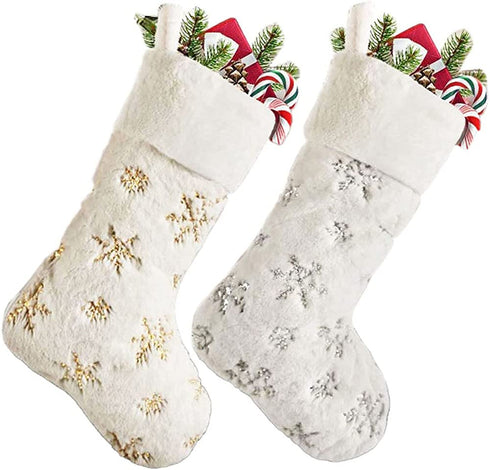 SherryDC Faux Fur Snowflake White Christmas Stockings Set of 2 Fireplace Xmas Decoration Holder (Silver + Gold)