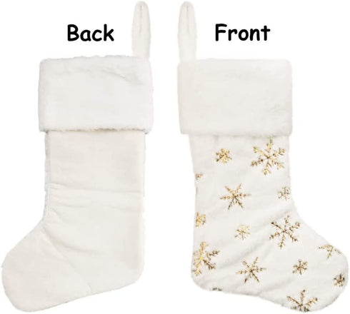 SherryDC Faux Fur Snowflake White Christmas Stockings Set of 2 Fireplace Xmas Decoration Holder (Silver + Gold)
