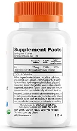 Doctor's Best High Absorption Iron with Ferrochel, Gentle on The Stomach, Immune Health, Blood Health, 27 mg
