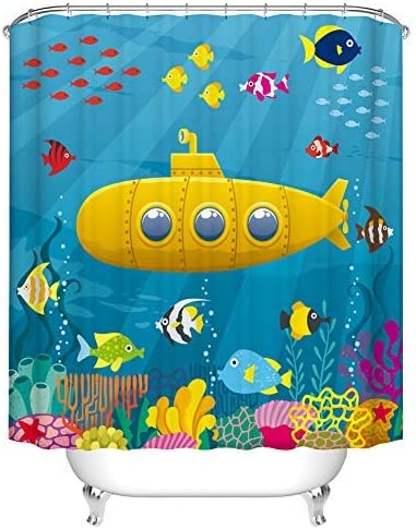 Fangkun Cartoon Submarine Design Shower Curtain Art Bathroom Decor - Polyester Fabric Bath Curtains Set - 12pcs Hooks - 72 x 72 inches