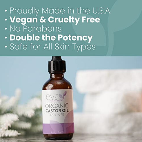 Eva Naturals Organic Castor Oil (60ml) - Promotes Hair, Eyebrow and Eyelash Growth - Diminishes Wrinkles and Signs of Aging - Hydrates and Nourishes Skin - 100% Pure - Cold Pressed, Premium Quality