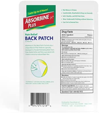 Absorbine Jr. Pain Relief Patches, Extra Large Back Pain Patch with Menthol for Lower Back Muscle Aches and Cramps, 18 Count, White