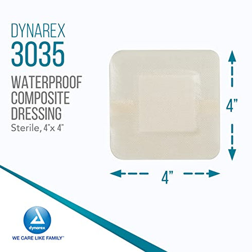 Dynarex DynaGuard Waterproof Dressings, Sterile, Four-Layer Composite Dressing, Protects and Offers Optimal Moist-Environment, Bordered - 4" x 4", 1 Box of 10 Waterproof Dressings