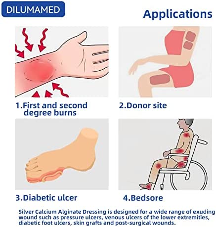 DILUMAMED Silver Calcium Alginate Wound Dressing 4"x4"(Pack of 12), High Absorption Bandage Patch for Bed Sore, Pressure Sore, Leg Ulcer, Diabetic Foot Wound Care