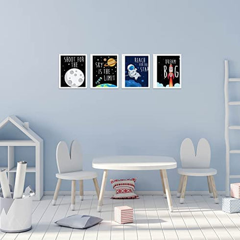 Space Kids Nursery Bedroom Decor - Set of Four 8x10 Prints - Cute Inspirational Wall Art Decoration For Boys and Girls