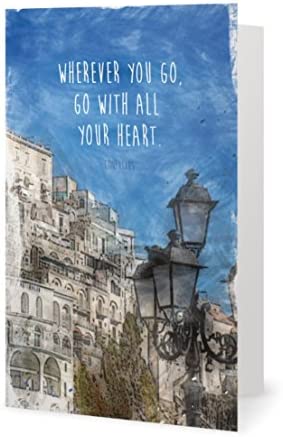 Smiling Wisdom - City Retirement Journey Goodbye Greeting Card - Wherever You Go, Go with All Your Heart Gift Set - Chiffon Viscose Scarf - Woman Coworker Grad - Tan Blue Multi-Colored