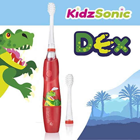 brush-baby KidzSonic Toddler and Kid Electric Toothbrush for Ages 3+ Years - Disco Lights, Gentle Vibration, and Smart Timer Provide a Fun Brushing Experience - 2 Brush Heads Included - Dinosaur