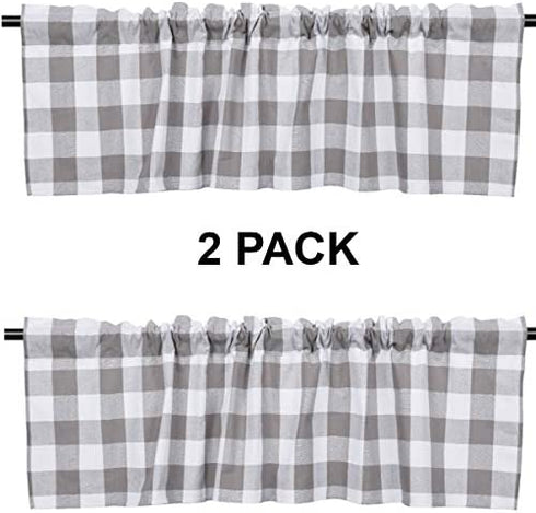 2 Pack Buffalo Check Plaid Cotton Window Valances White and Grey Farmhouse Design Window Treatment Lined Decor Curtains Rod Pocket Valances for Kitchen/Living Room 16" x 56"