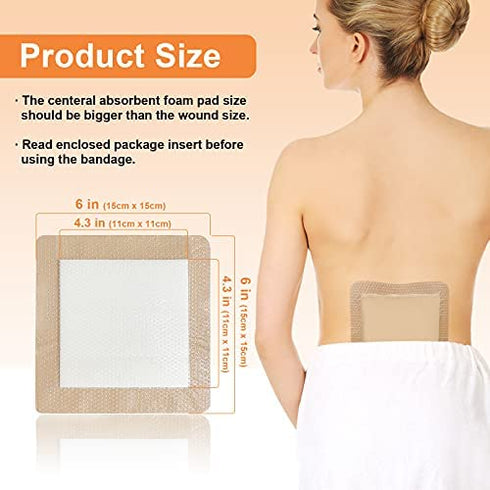 Carbou 5Pcs Silicone Foam Dressing 6" x 6" (15cmx15cm) - Square Wound Care Dressing with Border Adhesive Waterproof Central Ultra Absorbent-Foam(4.3" X 4.3")Waterproof Silicone Wound Bandage